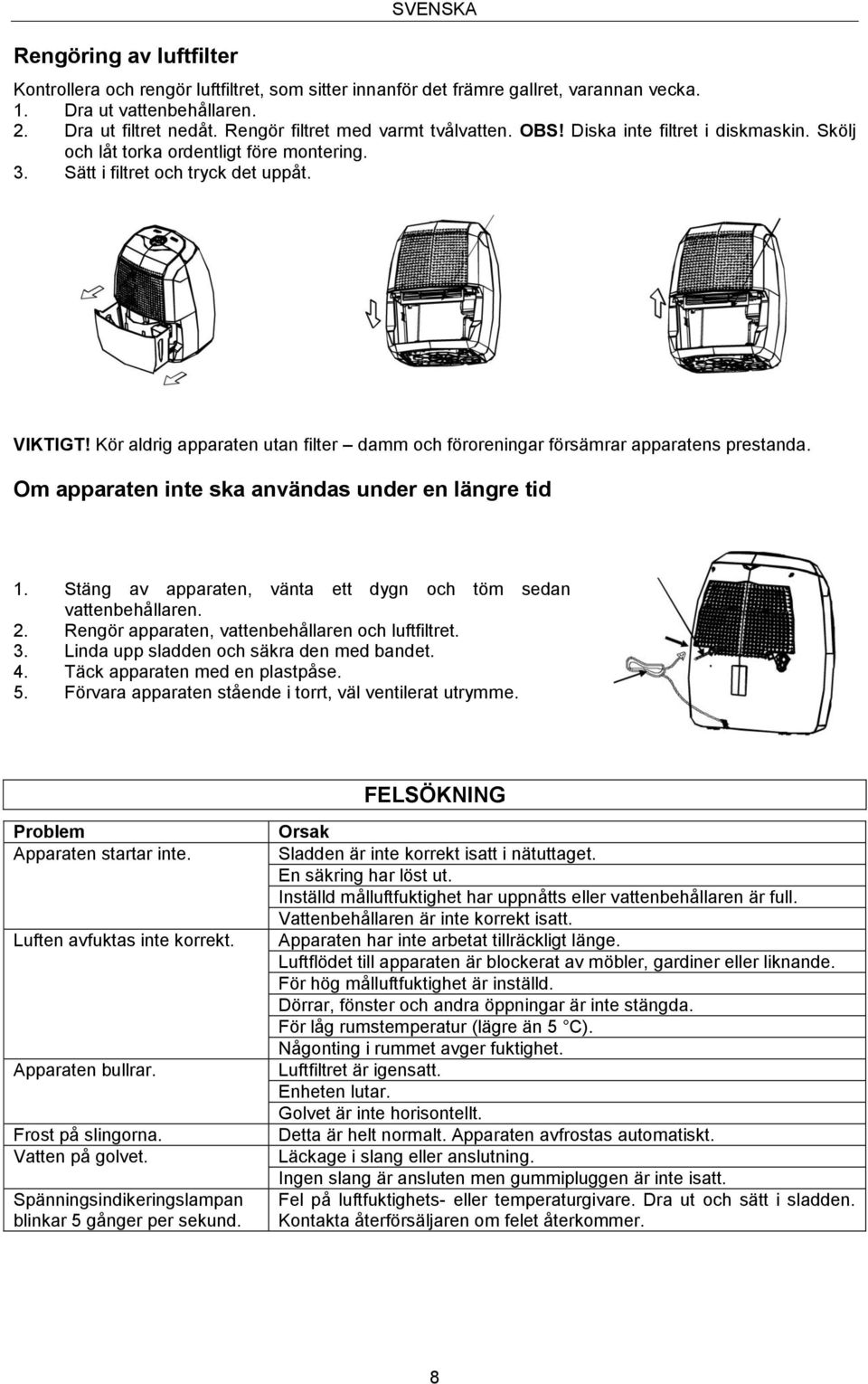 Kör aldrig apparaten utan filter damm och föroreningar försämrar apparatens prestanda. Om apparaten inte ska användas under en längre tid 1.