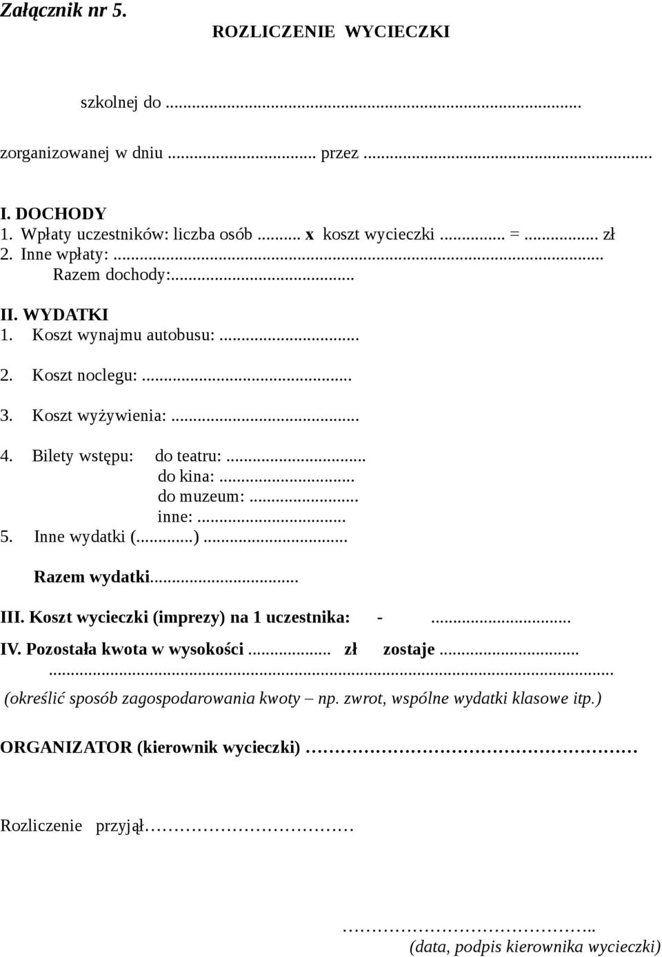 .. do muzeum:... inne:... 5. Inne wydatki (...)... Razem wydatki... III. Koszt wycieczki (imprezy) na 1 uczestnika: -... IV. Pozostała kwota w wysokości... zł zostaje.
