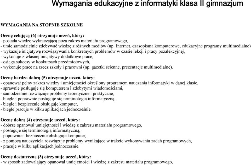 Internet, czasopisma komputerowe, edukacyjne programy multimedialne) - wykazuje inicjatywę rozwiązywania konkretnych problemów w czasie lekcji i pracy pozalekcyjnej, - wykonuje z własnej inicjatywy