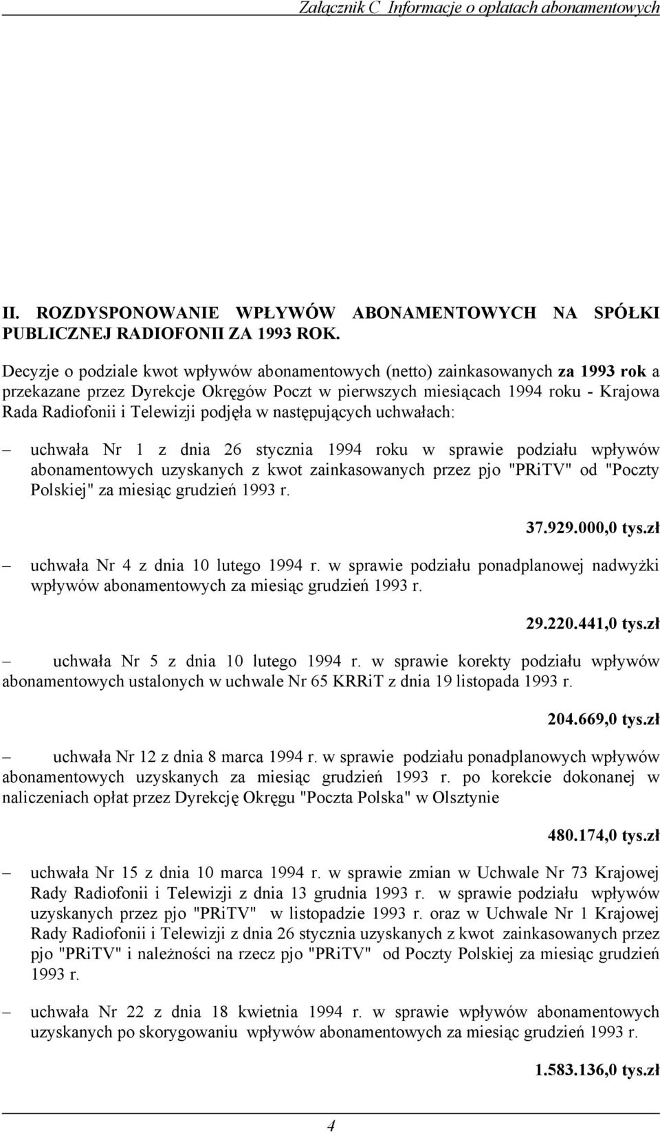 podjęła w następujących uchwałach: uchwała Nr 1 z dnia 26 stycznia 1994 roku w sprawie podziału wpływów abonamentowych uzyskanych z kwot zainkasowanych przez pjo "PRiTV" od "Poczty Polskiej" za