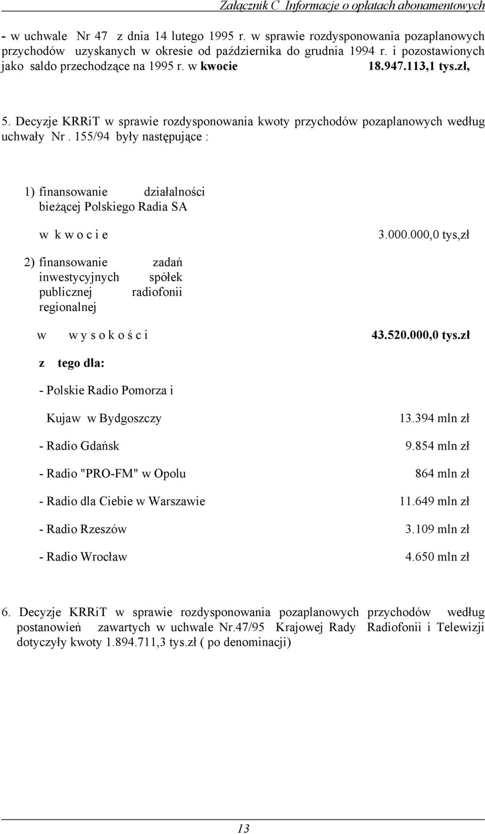 155/94 były następujące : 1) finansowanie działalności bieżącej Polskiego Radia SA w k w o c i e 3.000.