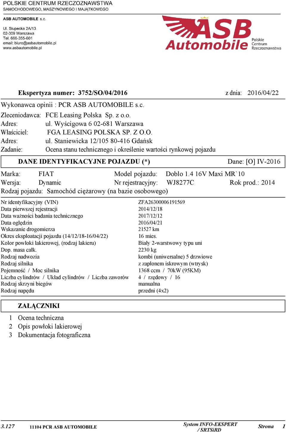 Staniewicka 12/105 80-416 Gdańsk Zadanie: Ocena stanu technicznego i określenie wartości rynkowej pojazdu DANE IDENTYFIKACYJNE POJAZDU (*) Dane: [O] IV-2016 Marka: FIAT Model pojazdu: Doblo 1.