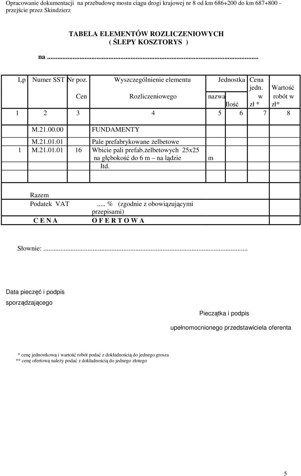 ŝelbetowych 25x25 na głębokość do 6 m na lądzie Itd. m Razem Podatek VAT C E N A... % (zgodnie z obowiązującymi przepisami) O F E R T O W A Słownie:.