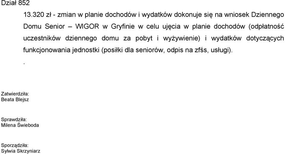 Gryfinie w celu ujęcia w planie dochodów (odpłatność uczestników dziennego domu za pobyt i