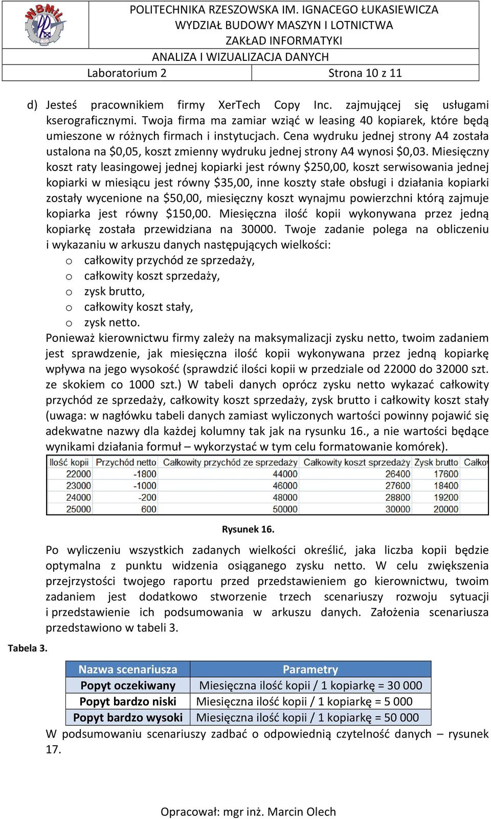 Cena wydruku jednej strony A4 została ustalona na $0,05, koszt zmienny wydruku jednej strony A4 wynosi $0,03.