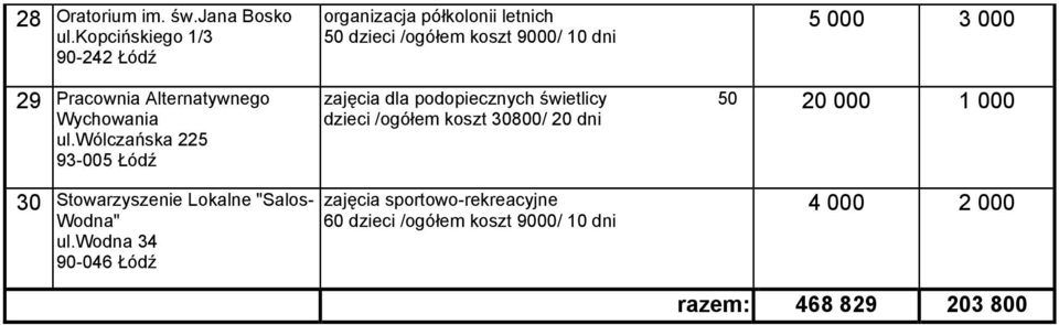 dzieci /ogółem koszt 30800/ 20 dni 5 000 3 000 20 000 1 000 30 Stowarzyszenie Lokalne "Salos- Wodna" ul.