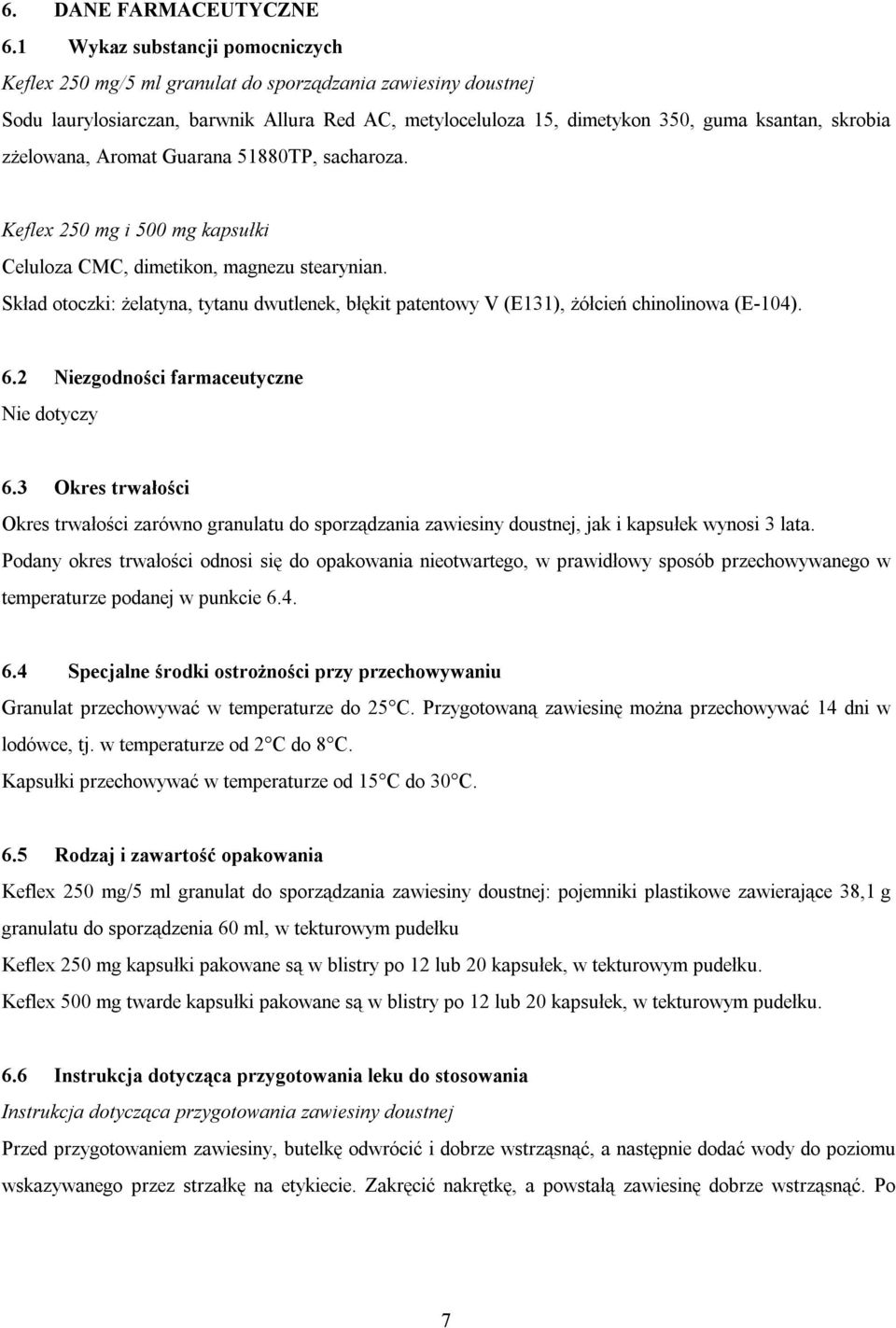 zżelowana, Aromat Guarana 51880TP, sacharoza. Keflex 250 mg i 500 mg kapsułki Celuloza CMC, dimetikon, magnezu stearynian.