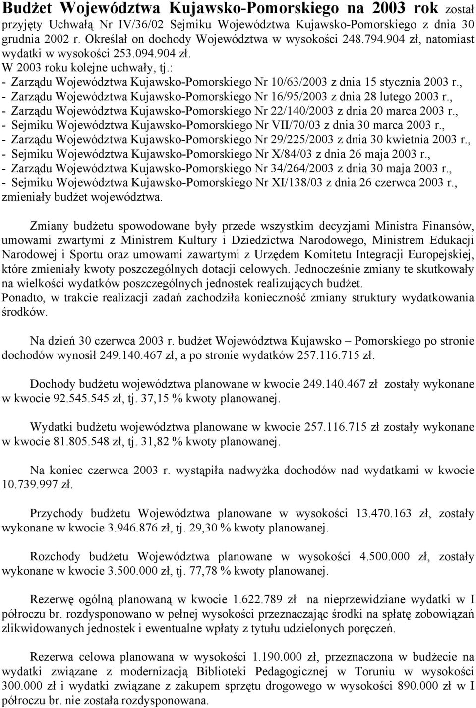 : - Zarządu Województwa Kujawsko-Pomorskiego Nr 10/63/2003 z dnia 15 stycznia, - Zarządu Województwa Kujawsko-Pomorskiego Nr 16/95/2003 z dnia 28 lutego, - Zarządu Województwa Kujawsko-Pomorskiego Nr