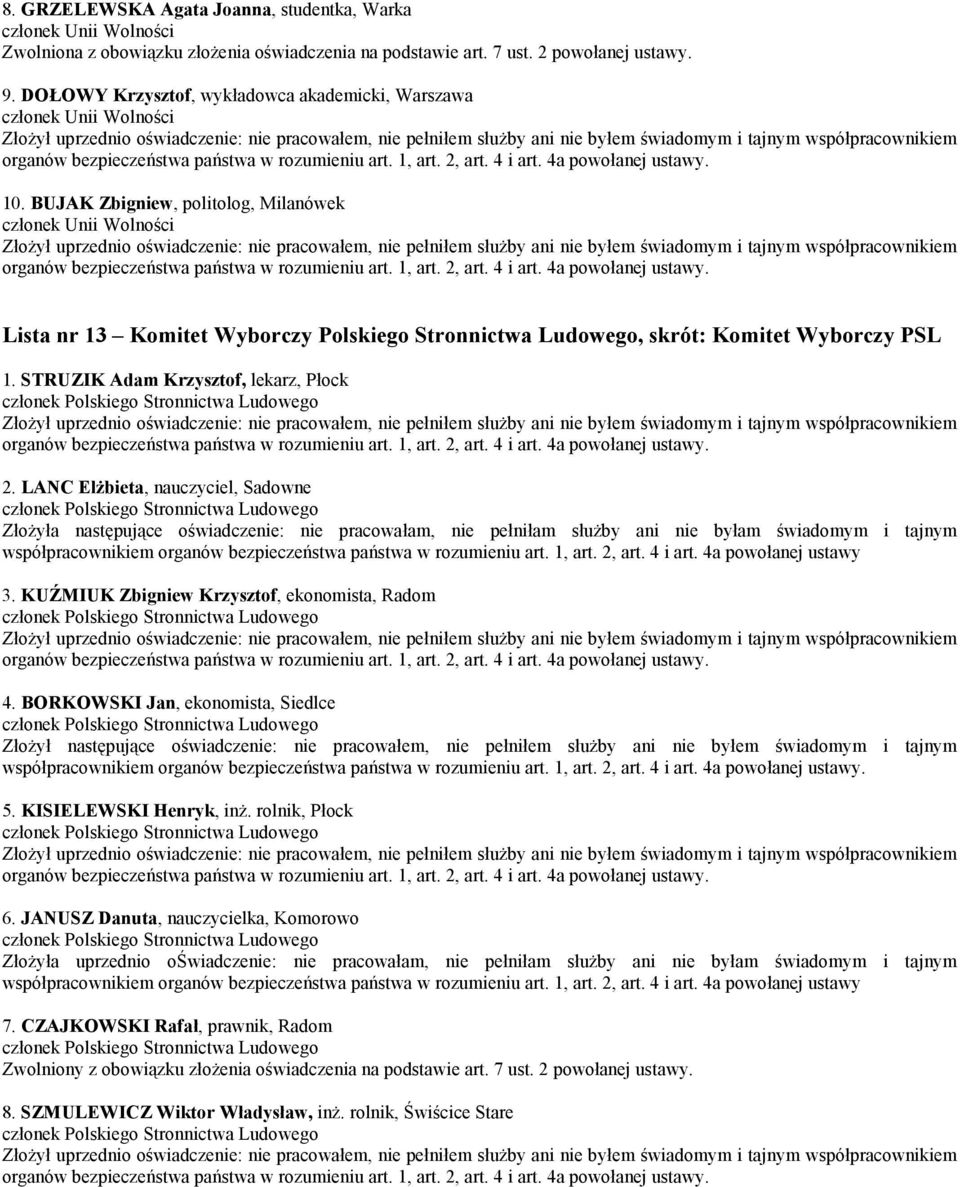STRUZIK Adam Krzysztof, lekarz, Płock 2. LANC Elżbieta, nauczyciel, Sadowne 3. KUŹMIUK Zbigniew Krzysztof, ekonomista, Radom 4. BORKOWSKI Jan, ekonomista, Siedlce 5.