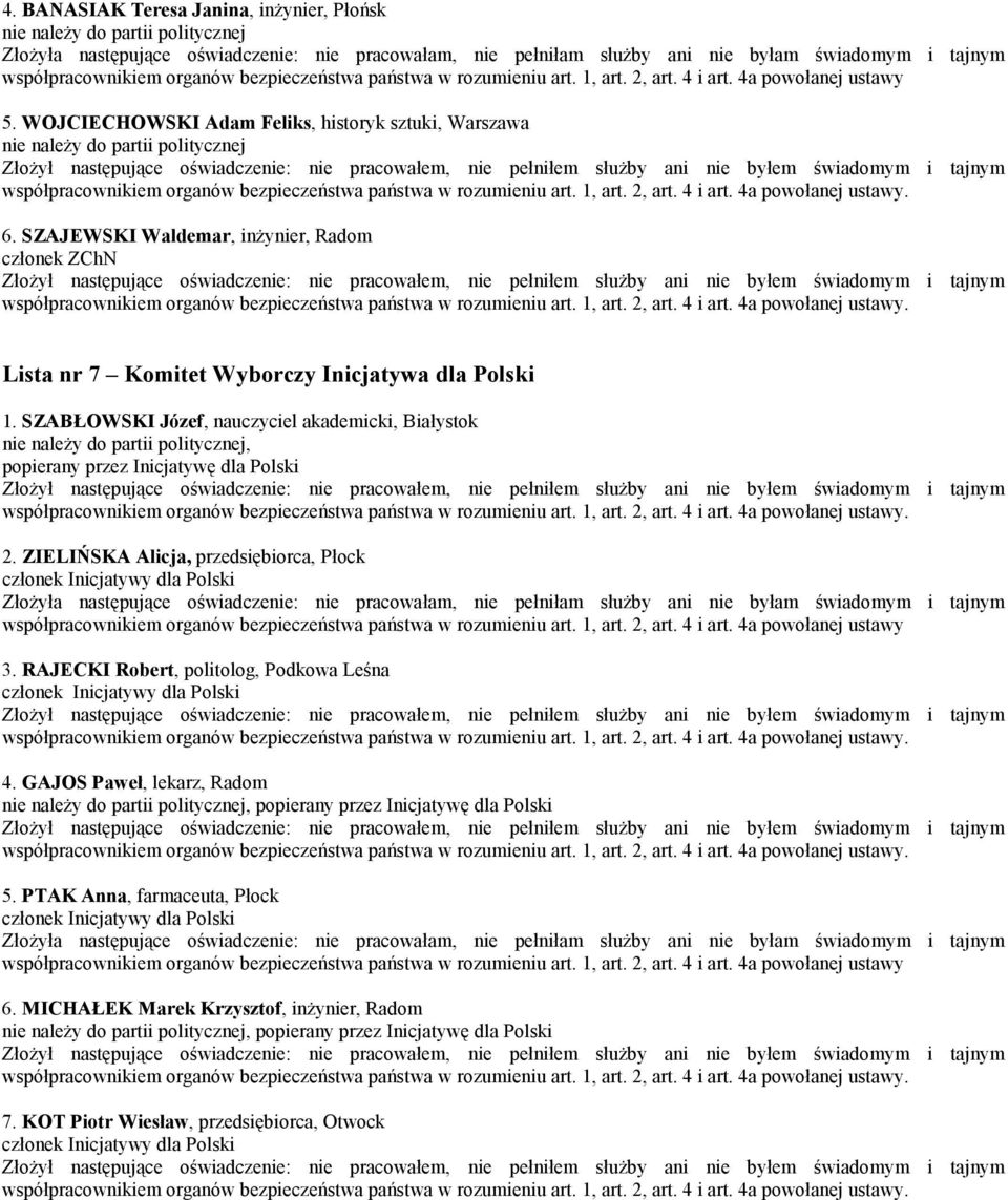 SZABŁOWSKI Józef, nauczyciel akademicki, Białystok, popierany przez Inicjatywę dla Polski 2. ZIELIŃSKA Alicja, przedsiębiorca, Płock członek Inicjatywy dla Polski 3.