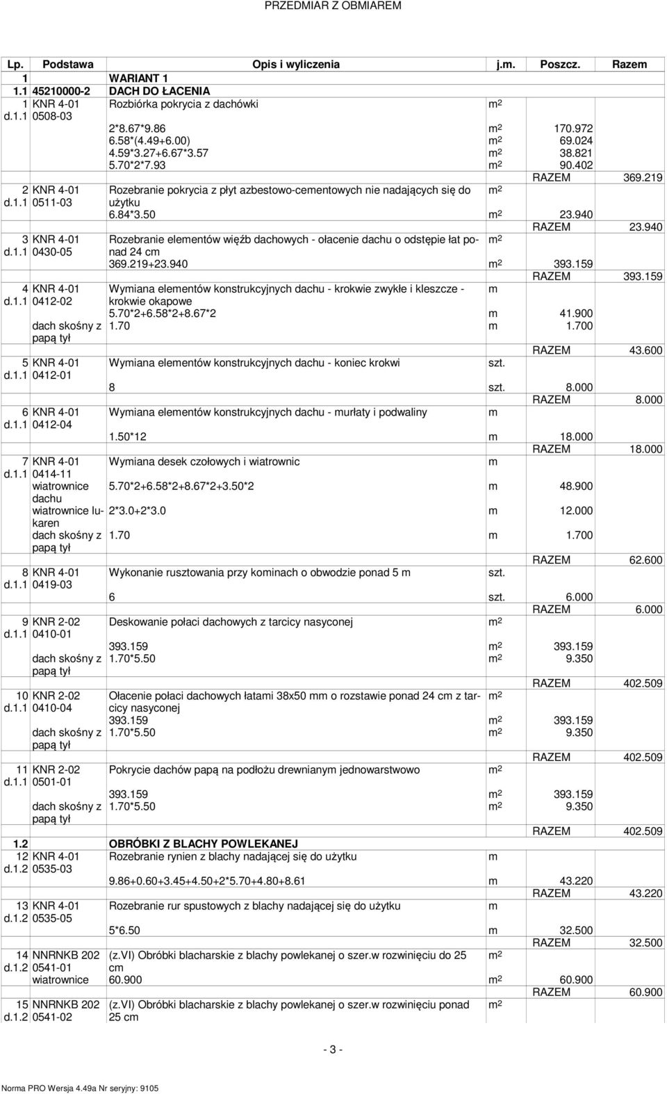 93 2 90.402 RAZEM 369.219 Rozebranie pokrycia z płyt azbestowo-ceentowych nie nadających się do 2 użytku 6.84*3.50 2 23.940 RAZEM 23.