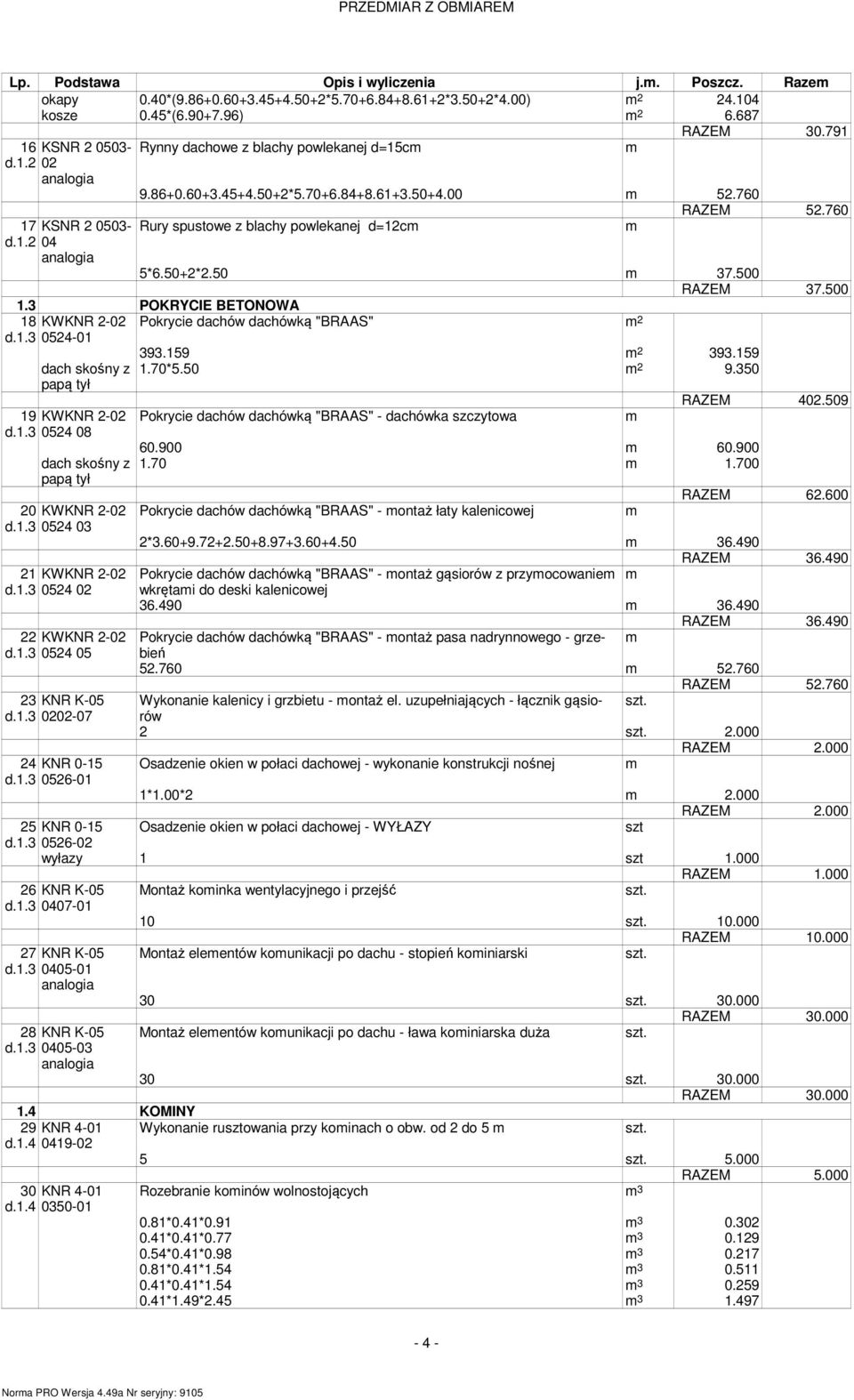 50+2*2.50 37.500 RAZEM 37.500 1.3 POKRYCIE BETONOWA KWKNR 2-02 Pokrycie dachów dachówką "BRAAS" 2 0524-01 18 d.1.3 19 KWKNR 2-02 d.1.3 0524 08 20 KWKNR 2-02 d.1.3 0524 03 21 KWKNR 2-02 d.1.3 0524 02 22 KWKNR 2-02 d.