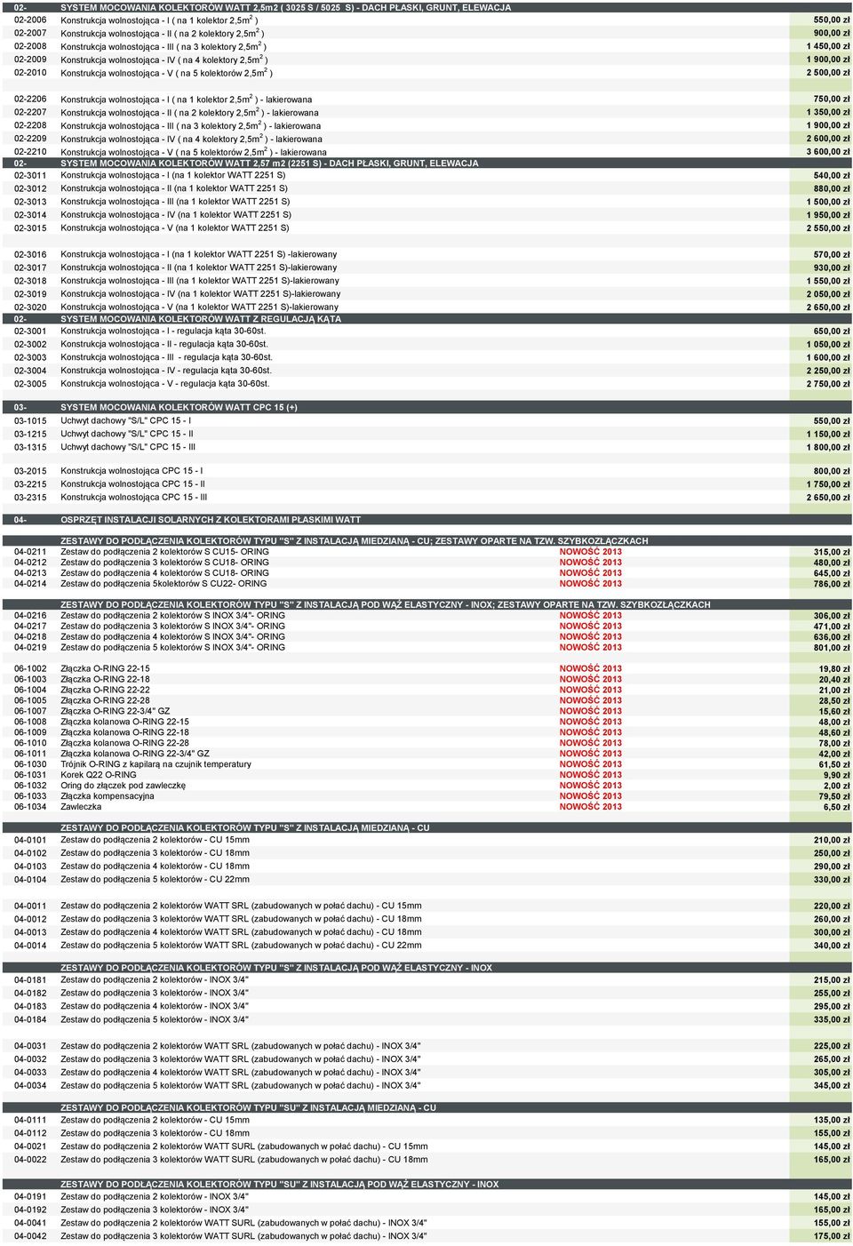 Konstrukcja wolnostojąca - V ( na 5 kolektorów 2,5m 2 ) 2 500,00 zł 02-2206 Konstrukcja wolnostojąca - I ( na 1 kolektor 2,5m 2 ) - lakierowana 750,00 zł 02-2207 Konstrukcja wolnostojąca - II ( na 2