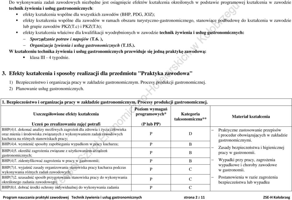 KZ(T.c) i KZ(T.h); efekty kształcenia właściwe dla kwalifikacji wyodrębnionych w zawodzie technik żywienia i usług gastronomicznych: Sporządzanie potraw i napojów (T.6.