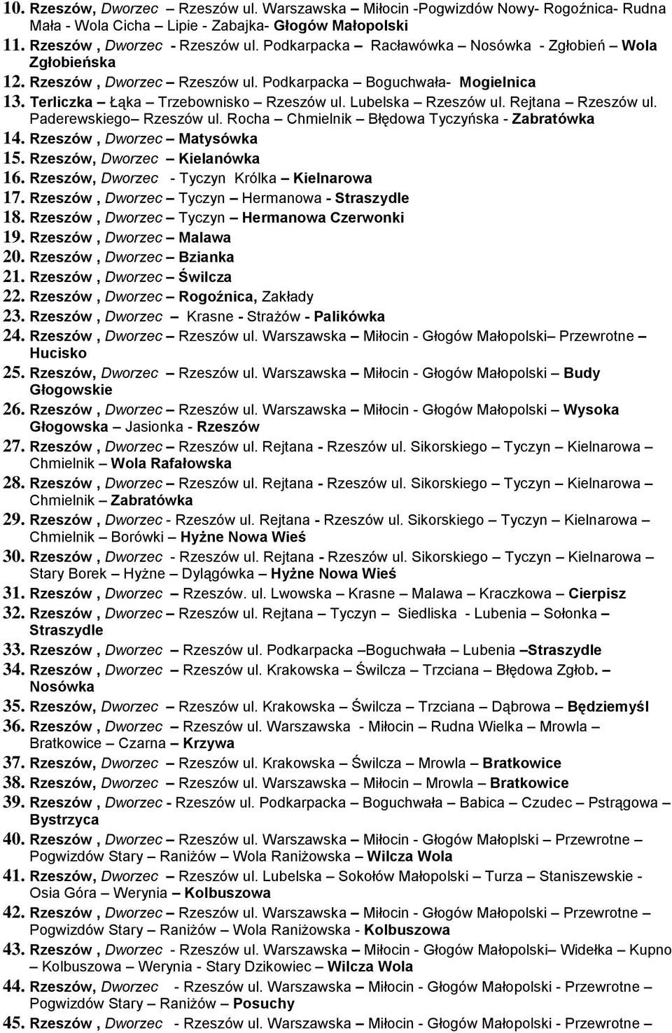 Rejtana Rzeszów ul. Paderewskiego Rzeszów ul. Rocha Chmielnik Błędowa Tyczyńska - Zabratówka 14. Rzeszów, Dworzec Matysówka 15. Rzeszów, Dworzec Kielanówka 16.