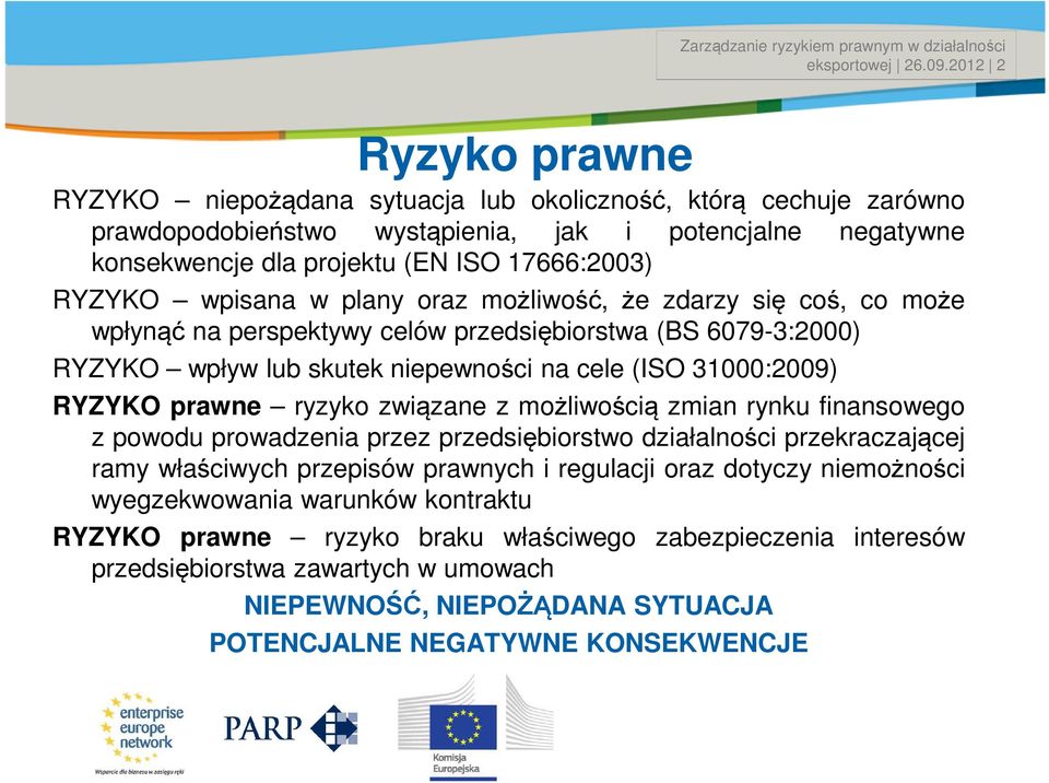 17666:2003) RYZYKO wpisana w plany oraz możliwość, że zdarzy się coś, co może wpłynąć na perspektywy celów przedsiębiorstwa (BS 6079-3:2000) RYZYKO wpływ lub skutek niepewności na cele (ISO