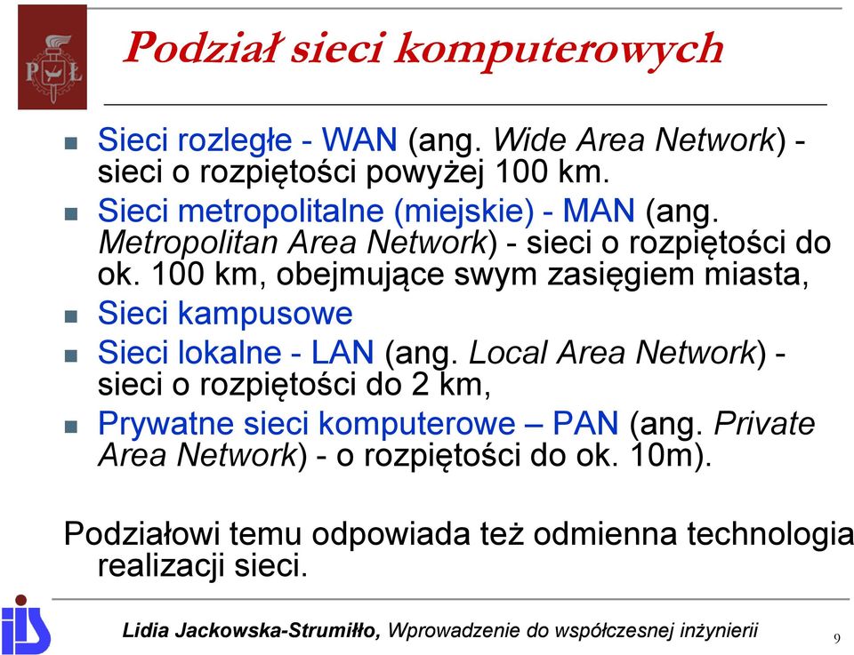 100 km, obejmujące swym zasięgiem miasta, Sieci kampusowe Sieci lokalne - LAN (ang.