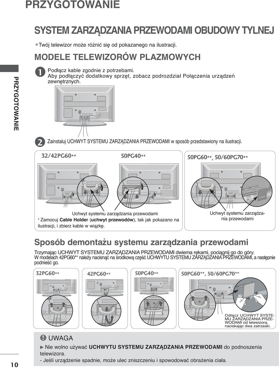 /4PG60** 50PG40** 50PG60**, 50/60PG70** Uchwyt systemu zarządzania przewodami * Zamocuj Cable Holder (uchwyt przewodów), tak jak pokazano na ilustracji, i zbierz kable w wiązkę.