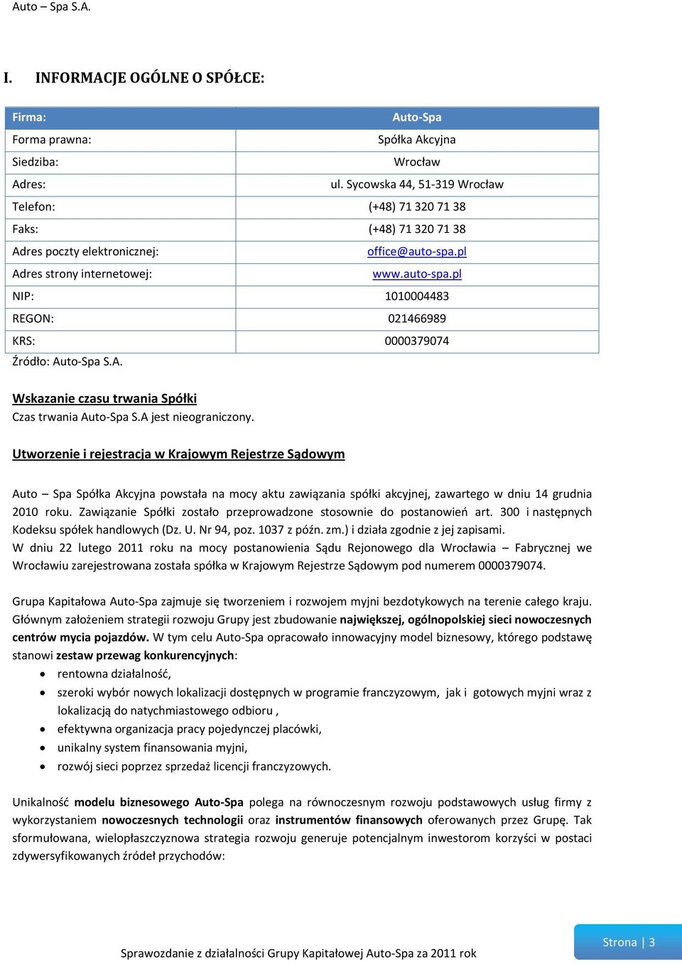 pl www.auto-spa.pl NIP: 1010004483 REGON: 021466989 KRS: 0000379074 Wskazanie czasu trwania Spółki Czas trwania Auto-Spa S.A jest nieograniczony.