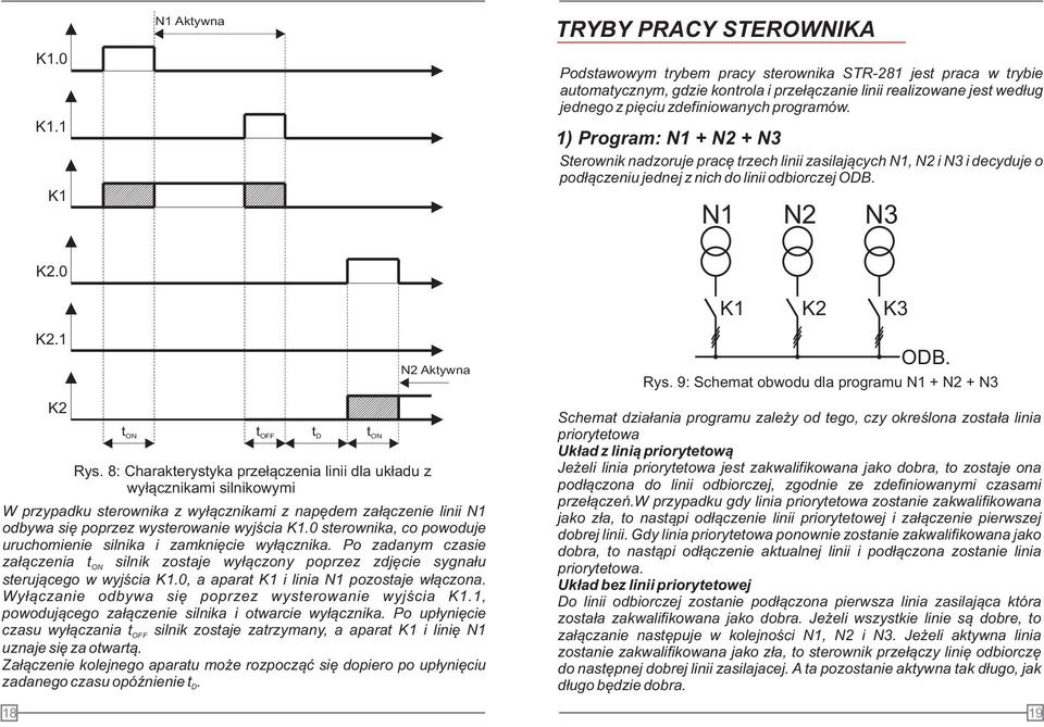 zdefiniowanych programów. 1) Program: 1 + 2 + 3 Sterownik nadzoruje pracê trzech linii zasilaj¹cych 1, 2 i 3 i decyduje o pod³¹czeniu jednej z nich do linii odbiorczej ODB. 1 2 3 K2.