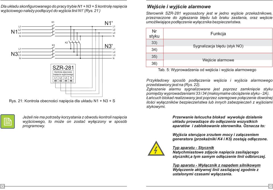 21: Kontrola obecnoœci napiêcia dla uk³adu 1 + 3 + S Wejœcie i wyjœcie alarmowe Sterownik SZR-281 wyposa ony jest w jedno wyjœcie przekaÿnikowe, przeznaczone do zg³aszania b³êdu braku zasilania, oraz