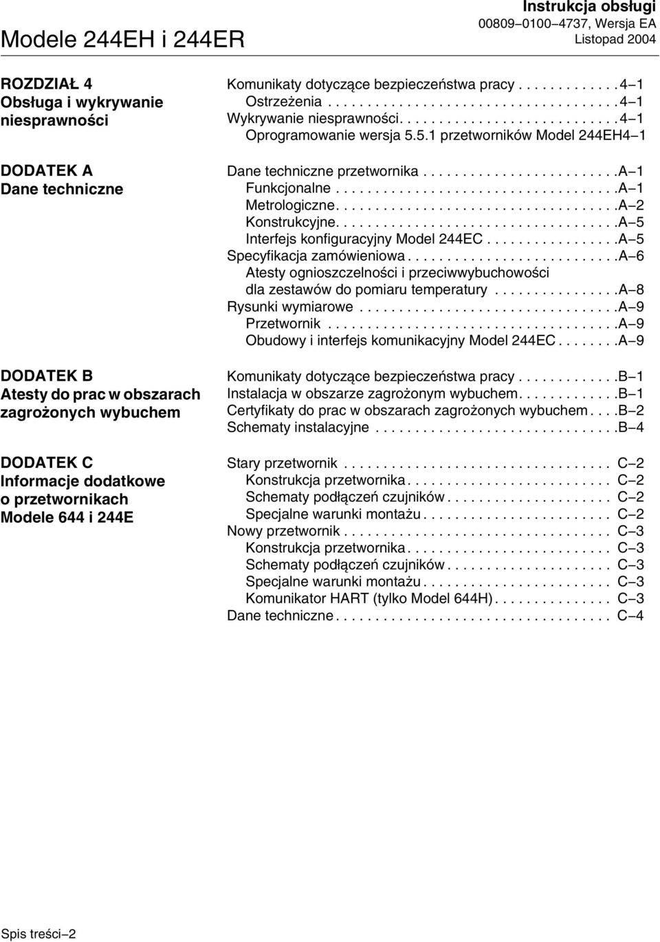 ...........................4 1 Oprogramowanie wersja 5.5.1 przetworników Model 244EH4 1 Dane techniczne przetwornika.........................a 1 Funkcjonalne....................................A 1 Metrologiczne.