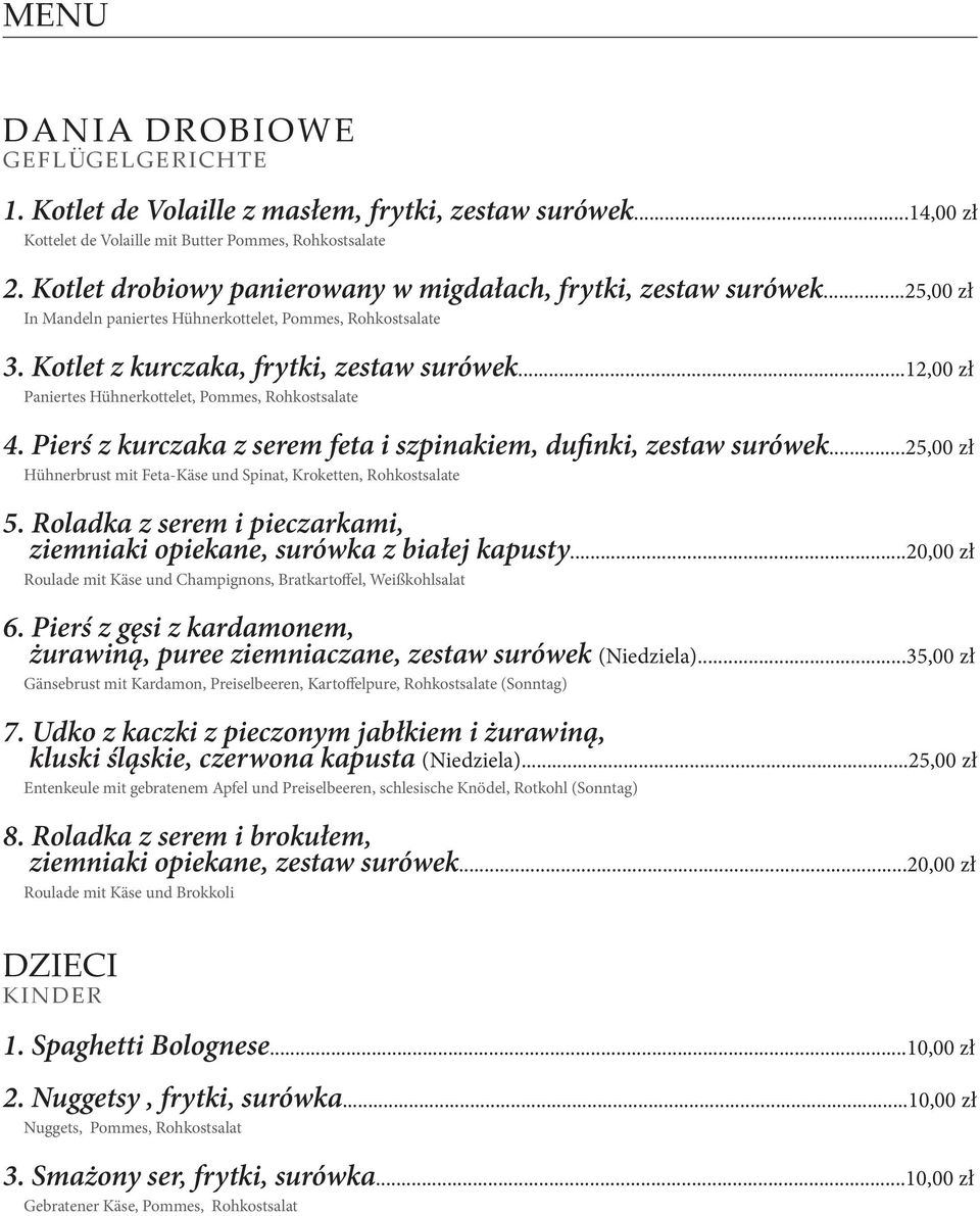 ..12,00 zł Paniertes Hühnerkottelet, Pommes, Rohkostsalate 4. Pierś z kurczaka z serem feta i szpinakiem, dufinki, zestaw surówek.