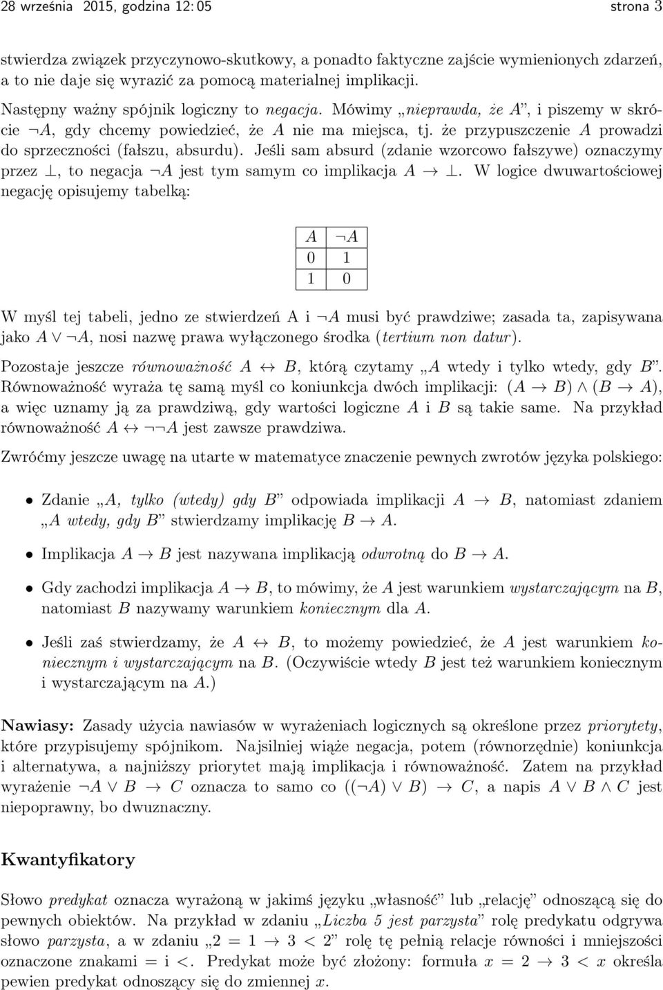 że przypuszczenie A prowadzi do sprzeczności (fałszu, absurdu). Jeśli sam absurd (zdanie wzorcowo fałszywe) oznaczymy przez, to negacja A jest tym samym co implikacja A.