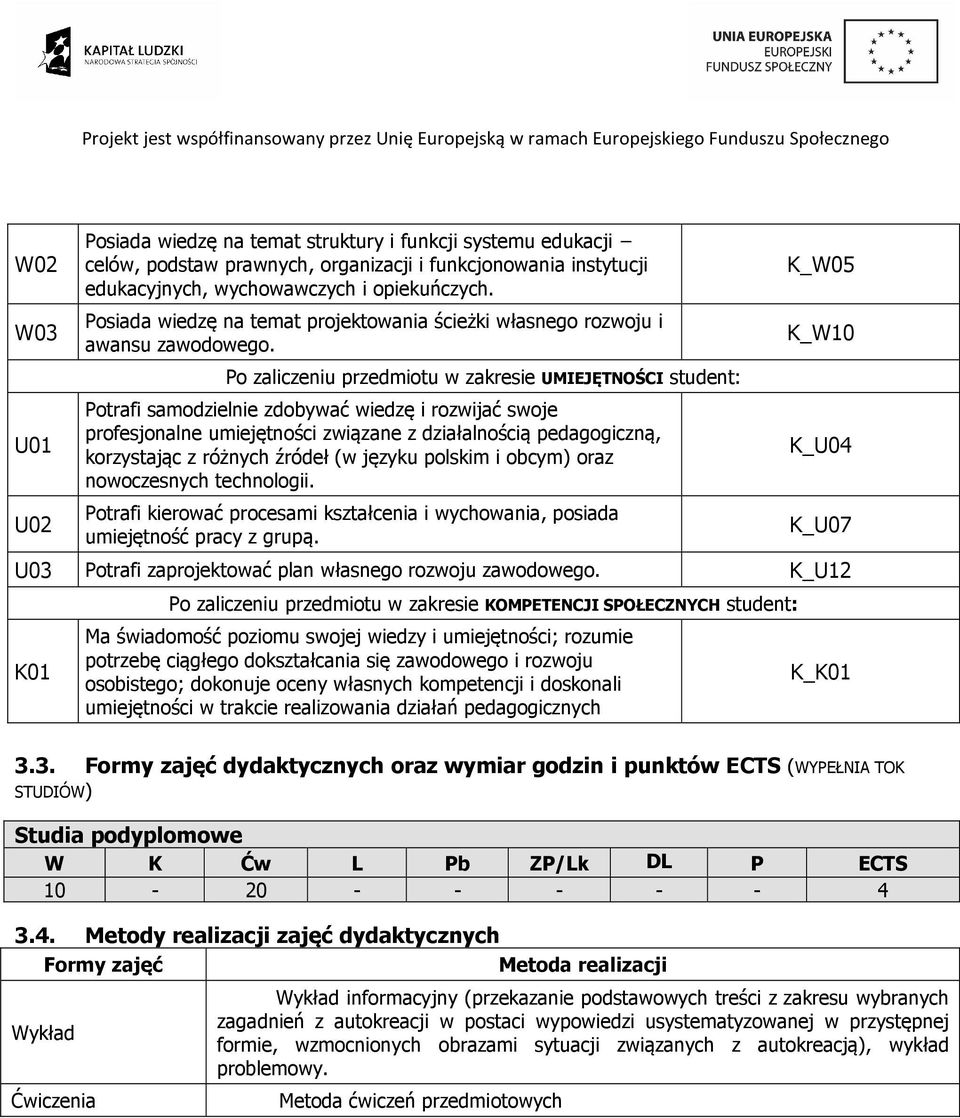 Po zaliczeniu przedmiotu w zakresie UMIEJĘTNOŚCI student: Potrafi samodzielnie zdobywać wiedzę i rozwijać swoje profesjonalne umiejętności związane z działalnością pedagogiczną, korzystając z różnych