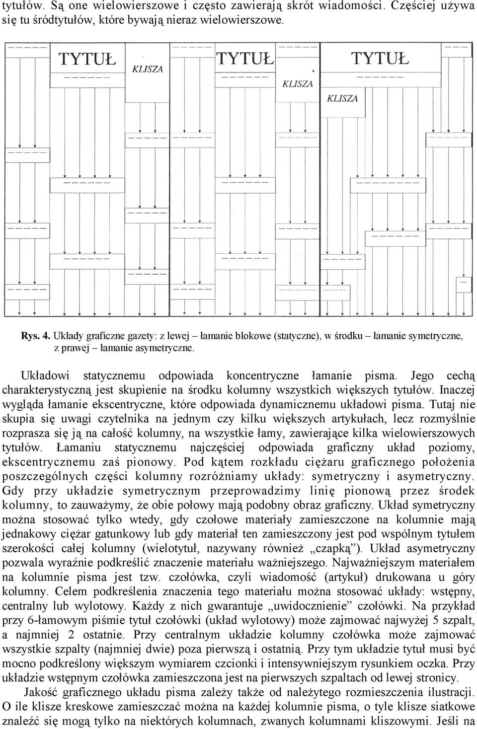 Jego cechą charakterystyczną jest skupienie na środku kolumny wszystkich większych tytułów. Inaczej wygląda łamanie ekscentryczne, które odpowiada dynamicznemu układowi pisma.