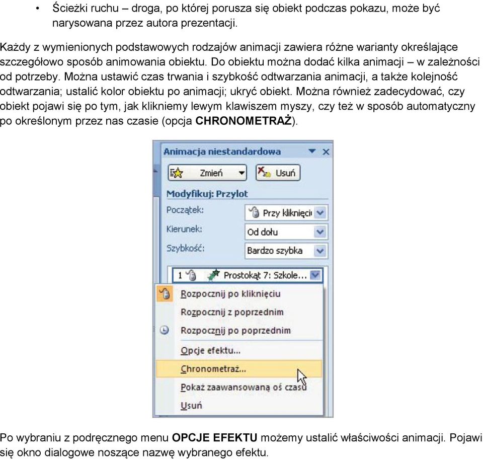 Można ustawić czas trwania i szybkość odtwarzania animacji, a także kolejność odtwarzania; ustalić kolor obiektu po animacji; ukryć obiekt.
