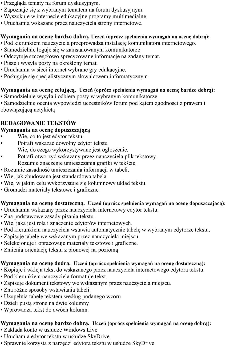 Uczeń (oprócz spełnienia wymagań na ocenę dobrą): Pod kierunkiem nauczyciela przeprowadza instalację komunikatora internetowego.