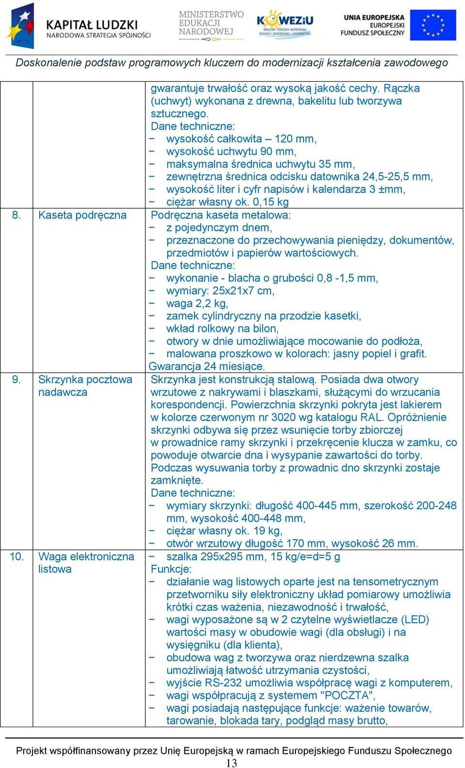 ±mm, ciężar własny ok. 0,15 kg 8. Kaseta podręczna Podręczna kaseta metalowa: 9. Skrzynka pocztowa nadawcza 10.