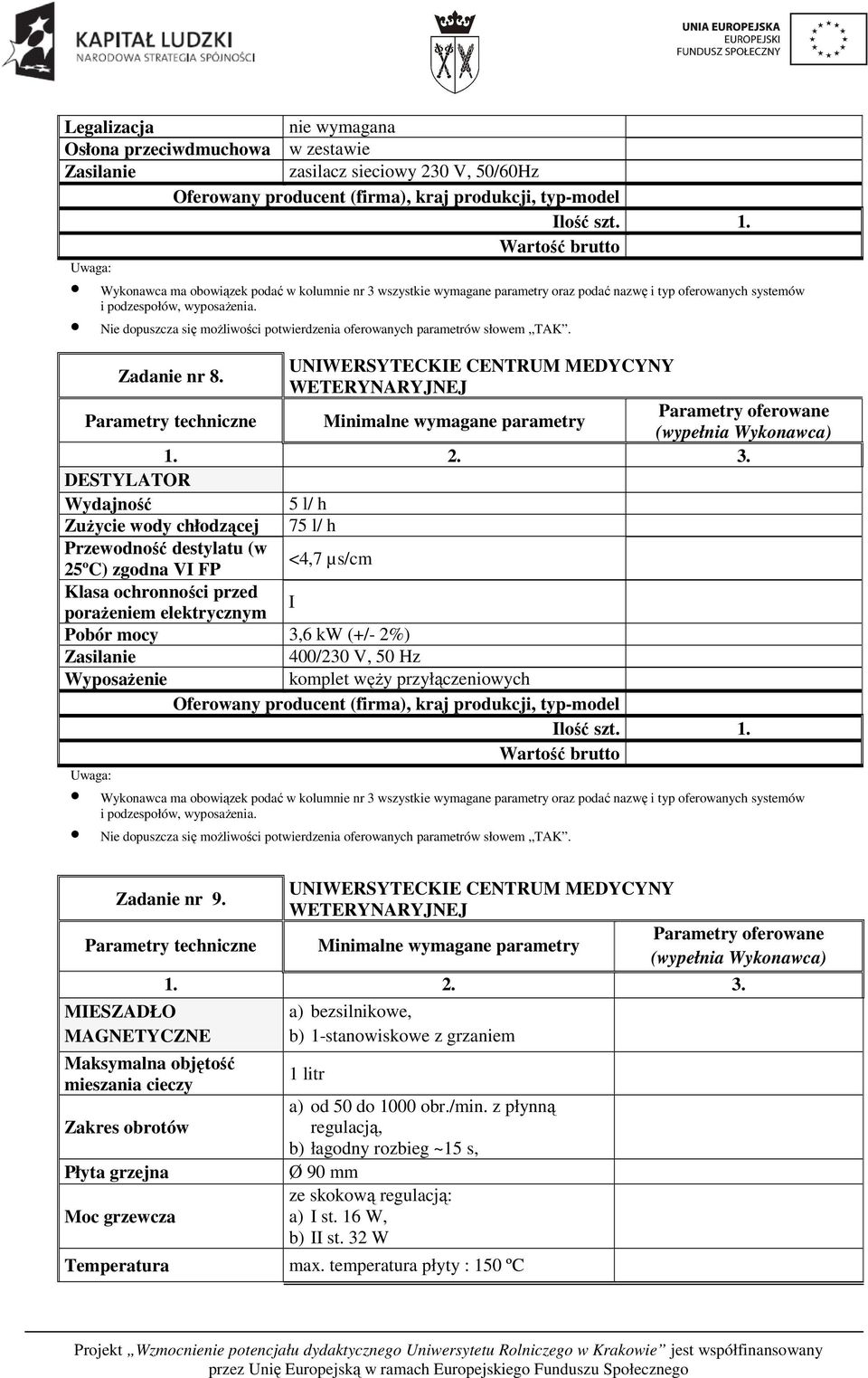 elektrycznym I Pobór mocy 3,6 kw (+/- 2%) 400/230 V, 50 Hz Wyposażenie komplet węży przyłączeniowych Zadanie nr 9.