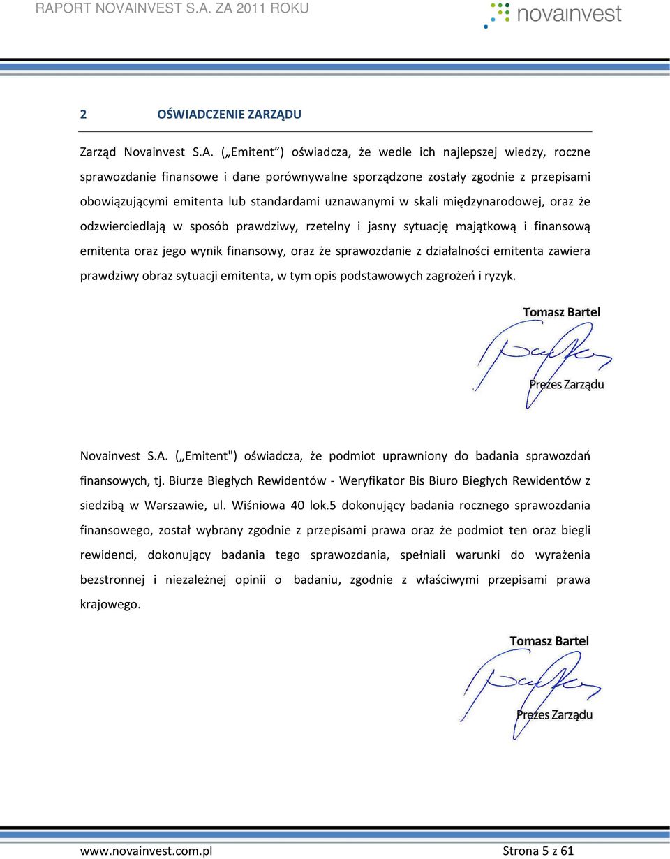 ZĄDU Zarząd Novainvest S.A.