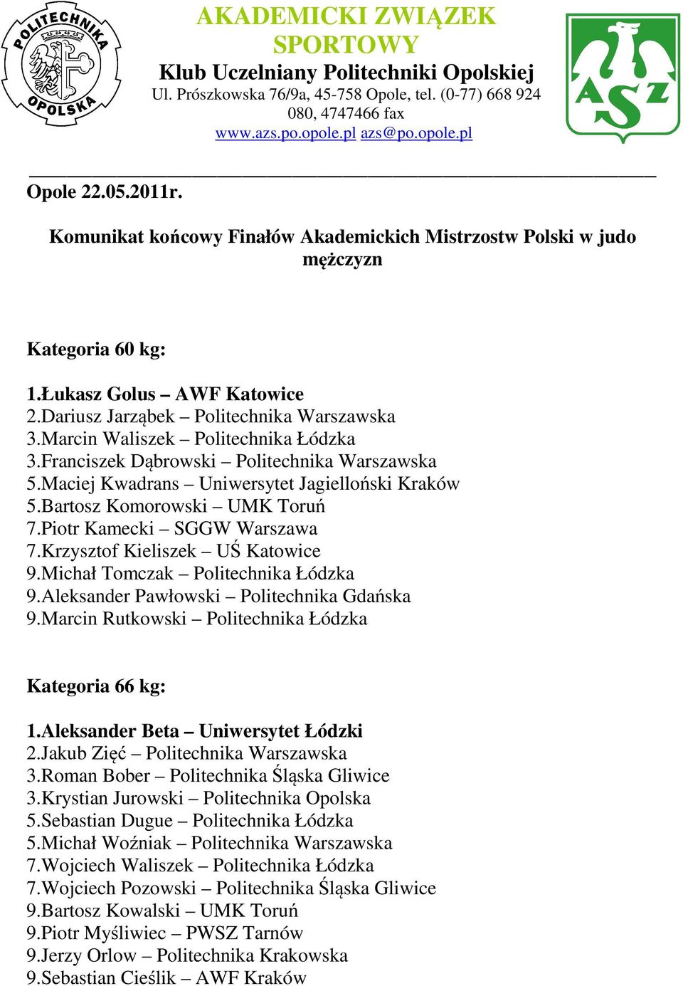 Marcin Waliszek Politechnika Łódzka 3.Franciszek Dąbrowski Politechnika Warszawska 5.Maciej Kwadrans Uniwersytet Jagielloński Kraków 5.Bartosz Komorowski UMK Toruń 7.Piotr Kamecki SGGW Warszawa 7.