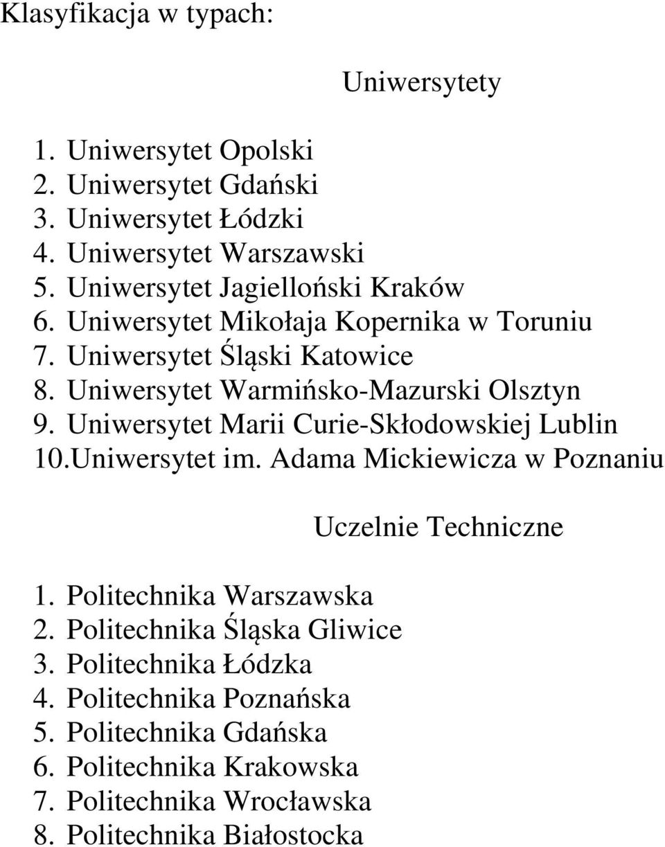 Uniwersytet Marii Curie-Skłodowskiej Lublin 10.Uniwersytet im. Adama Mickiewicza w Poznaniu 1. Politechnika Warszawska 2. Politechnika Śląska Gliwice 3.