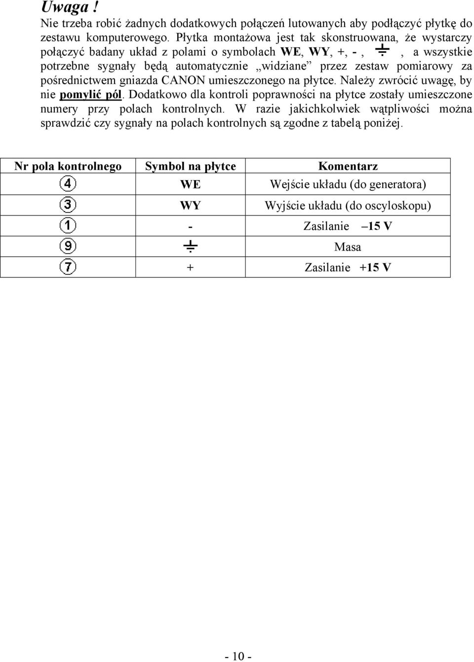 za pośrednictwem gniazda CANON umieszczonego na płytce. Należy zwrócić uwagę, by nie pomylić pól.