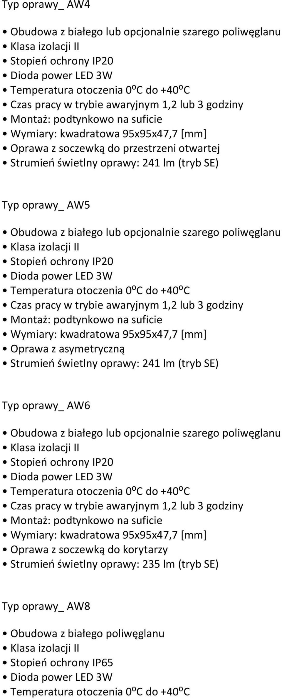 IP20 Dioda power LED 3W Czas pracy w trybie awaryjnym 1,2 lub 3 godziny Montaż: podtynkowo na suficie Wymiary: kwadratowa 95x95x47,7 [mm] Oprawa z asymetryczną Strumień świetlny oprawy: 241 lm (tryb