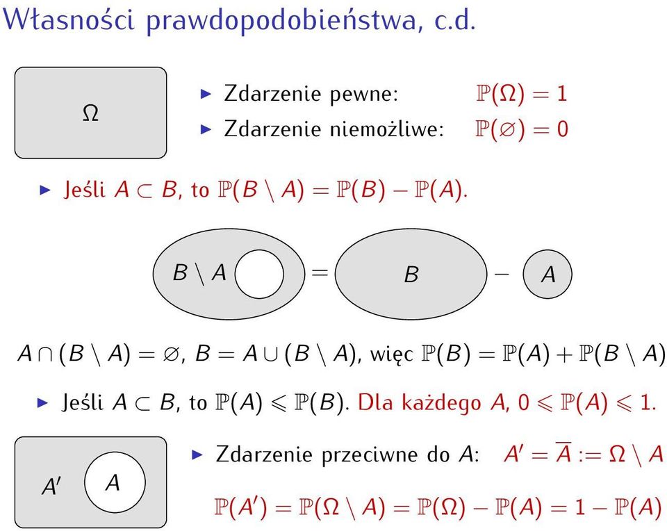 Jeśli A B, to P(B \ A) = P(B) P(A).