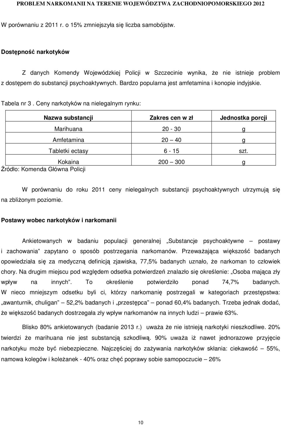 Tabela nr 3. Ceny narkotyków na nielegalnym rynku: Nazwa substancji Zakres cen w zł Jednostka porcji Marihuana 20-30 g Amfetamina 20 40 g Tabletki ectasy 6-15 szt.