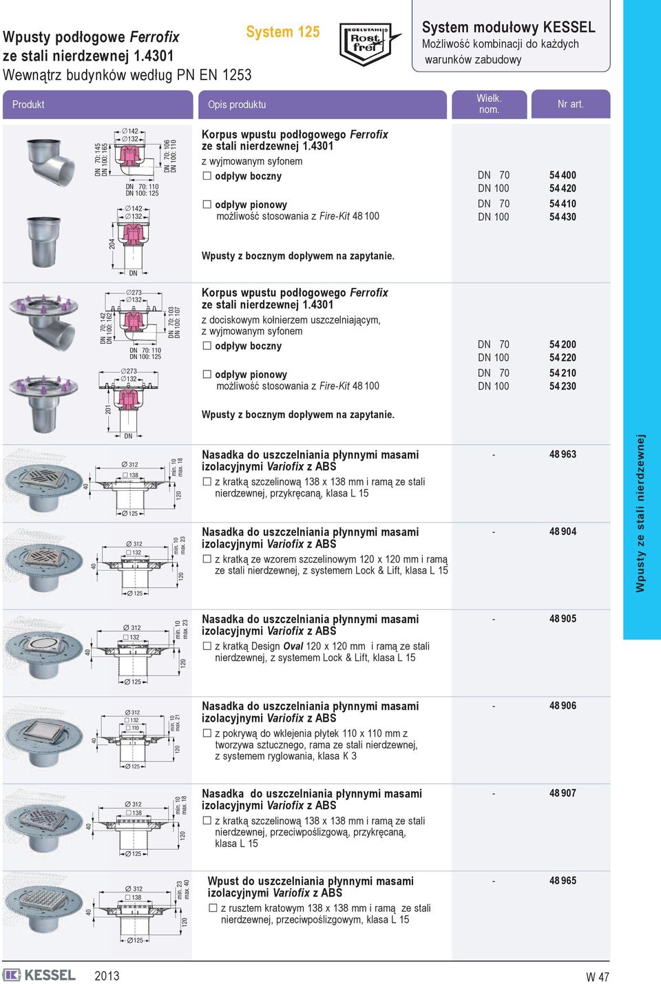 430 z wyjmowanym syfonem odpływ boczny odpływ pionowy możliwość stosowania z FireKit 48 00 54 0 54 54 54 430 04 Wpusty z bocznym dopływem na zapytanie.