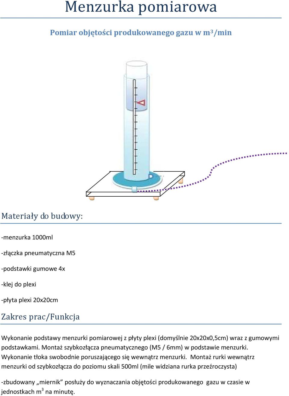 Montaż szybkozłącza pneumatycznego (M5 / 6mm) w podstawie menzurki. Wykonanie tłoka swobodnie poruszającego się wewnątrz menzurki.