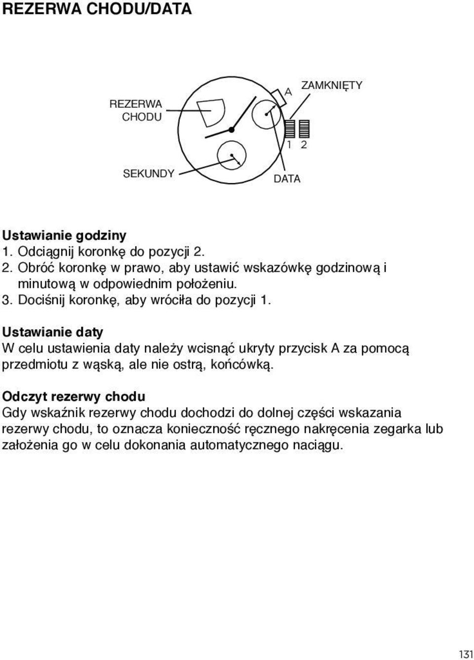 Ustawianie daty W celu ustawienia daty należy wcisnąć ukryty przycisk A za pomocą przedmiotu z wąską, ale nie ostrą, końcówką.