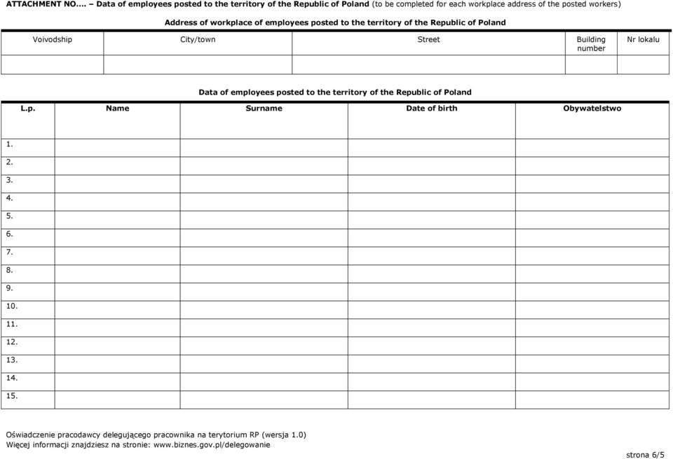 of the posted workers) Address of workplace of employees posted to the territory of the Republic of Poland