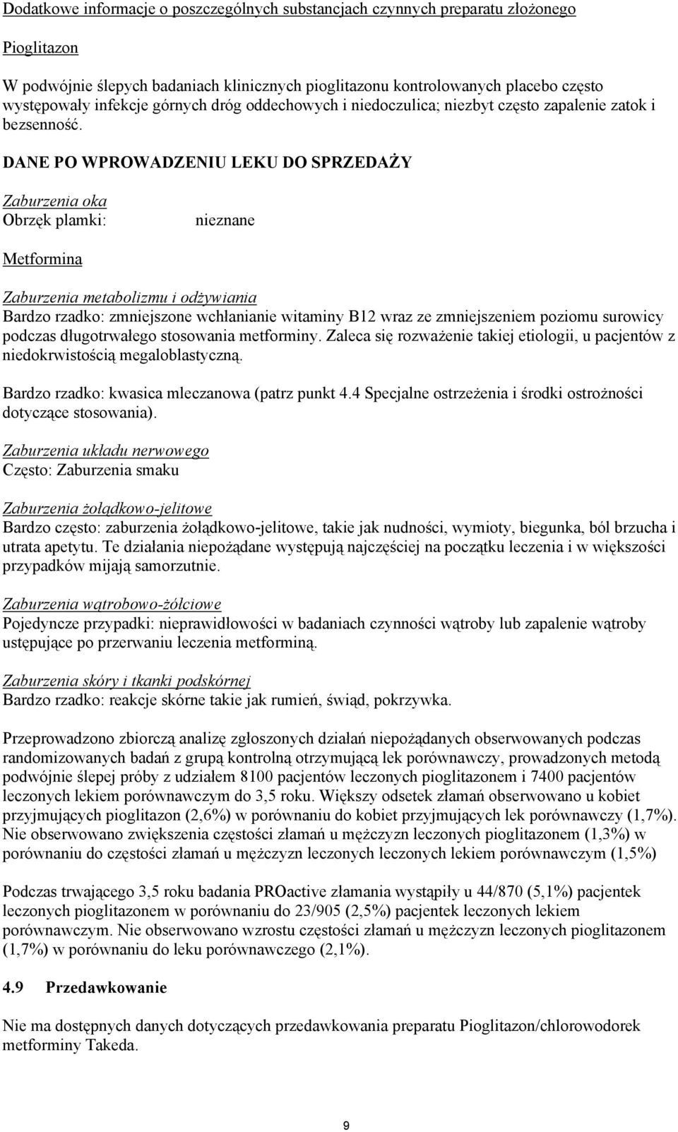 DANE PO WPROWADZENIU LEKU DO SPRZEDAŻY Zaburzenia oka Obrzęk plamki: nieznane Metformina Zaburzenia metabolizmu i odżywiania Bardzo rzadko: zmniejszone wchłanianie witaminy B12 wraz ze zmniejszeniem