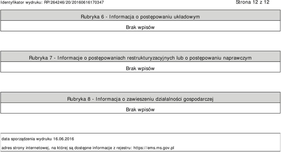Informacja o zawieszeniu działalności gospodarczej data sporządzenia wydruku 16.06.
