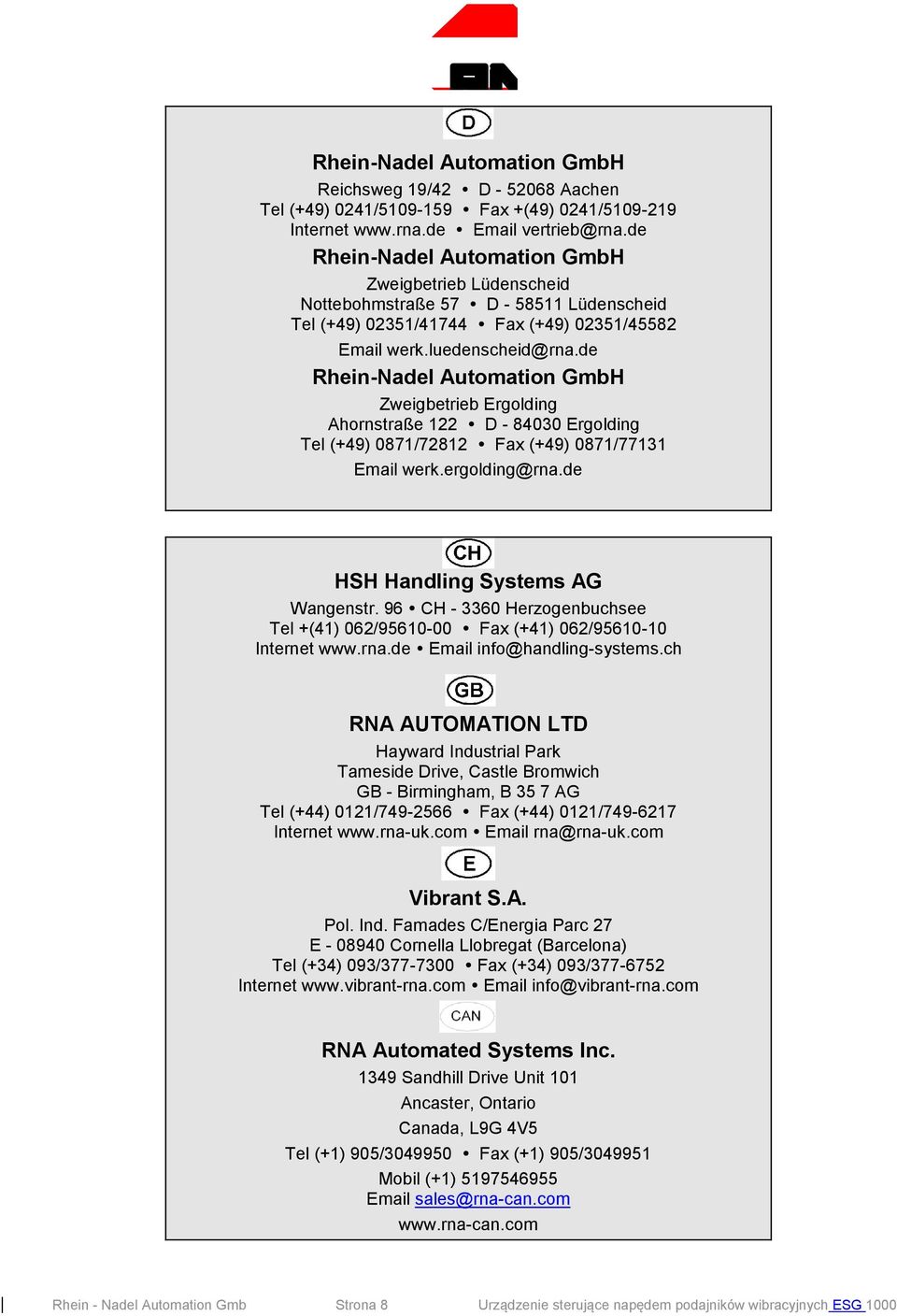 de Rhein-Nadel Automation GmbH Zweigbetrieb Ergolding Ahornstraße 122 D - 84030 Ergolding Tel (+49) 0871/72812 Fax (+49) 0871/77131 Email werk.ergolding@rna.de HSH Handling Systems AG Wangenstr.