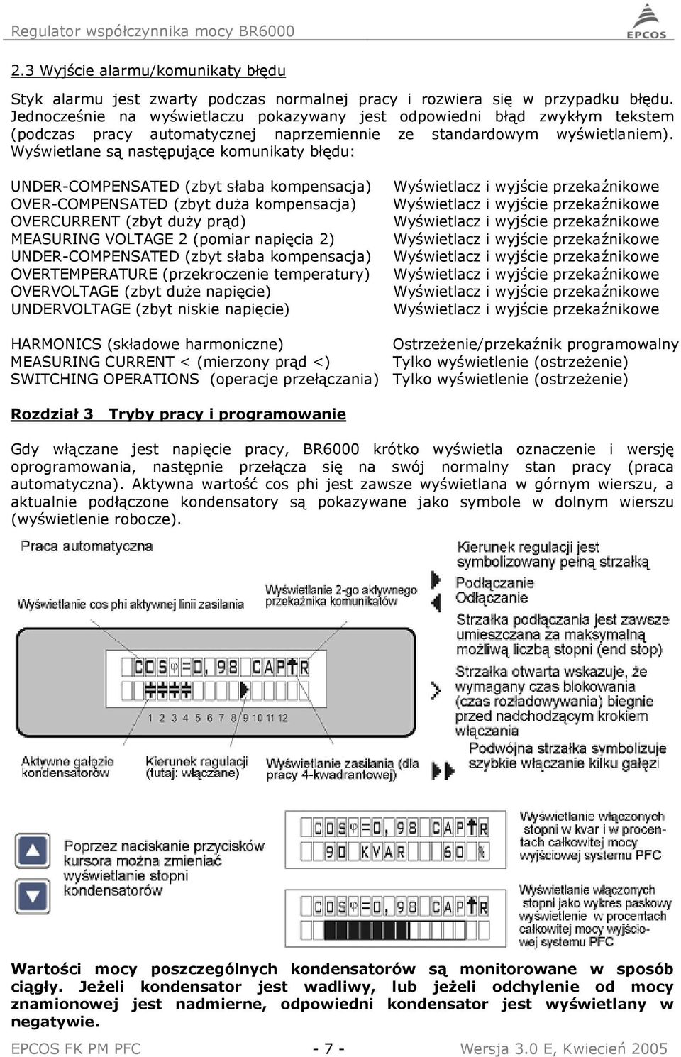 Wyświetlane są następujące komunikaty błędu: UNDER-COMPENSATED (zbyt słaba kompensacja) OVER-COMPENSATED (zbyt duża kompensacja) OVERCURRENT (zbyt duży prąd) MEASURING VOLTAGE 2 (pomiar napięcia 2)