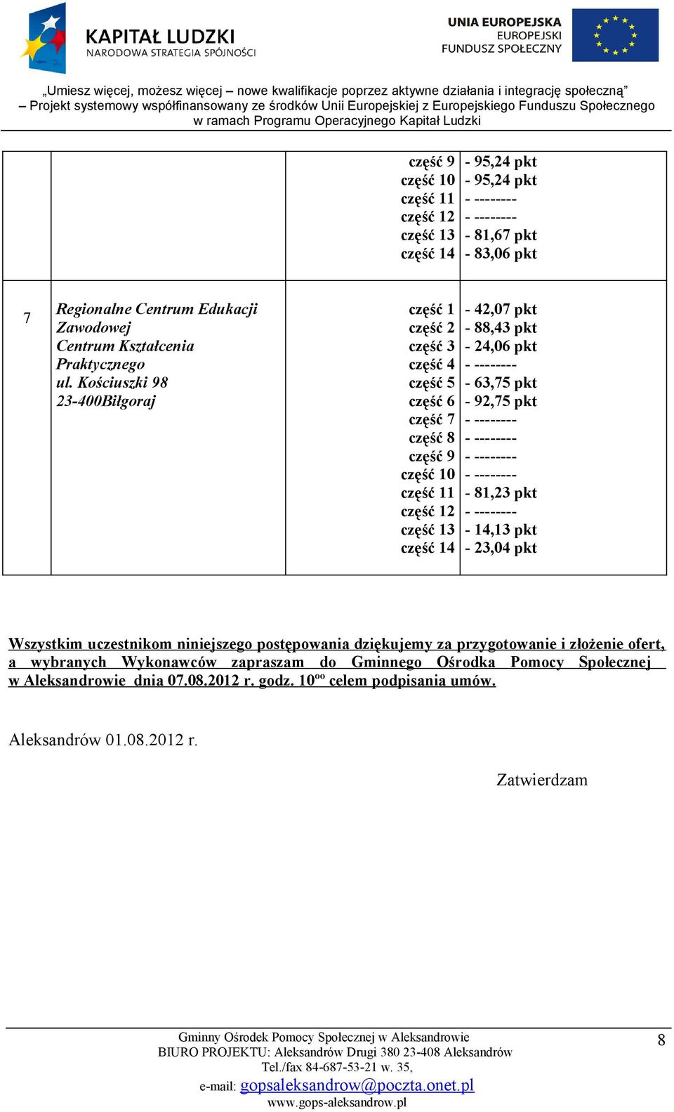 Wszystkim uczestnikom niniejszego postępowania dziękujemy za przygotowanie i złożenie ofert, a wybranych Wykonawców zapraszam do